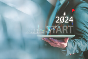 Target and goal of 2024 year business new year. start 2024 annual business plan and business concept. Technology and innovation for business transformation. Goal achievement and success in 2024. - obrazy, fototapety, plakaty