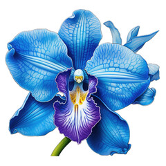 a Blue orchid flower, hybrid, front view, in a PNG, Floral-themed, isolated, and transparent photorealistic illustration. Generative ai