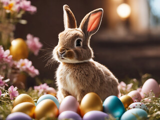 Fototapeta na wymiar Cute easter rabbit sitting with easter eggs and flowers. Generative Ai
