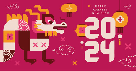 Poster for 2024 Chinese New Year. Vector illustration. Asian Clouds, Lanterns, Dragon and Flowers 