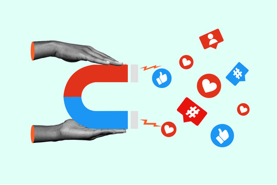 Photo banner picture collage creative poster hand holding magnet attract likes followers social network promotion blogging smm