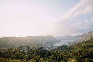 Wooded mountain range surrounding the valley of the Bay of Kotor. Montenegro. Top view