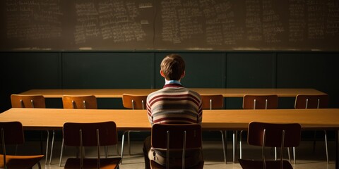 Lonely student sitting at the back of the classroom , concept of Solitary adolescent - obrazy, fototapety, plakaty
