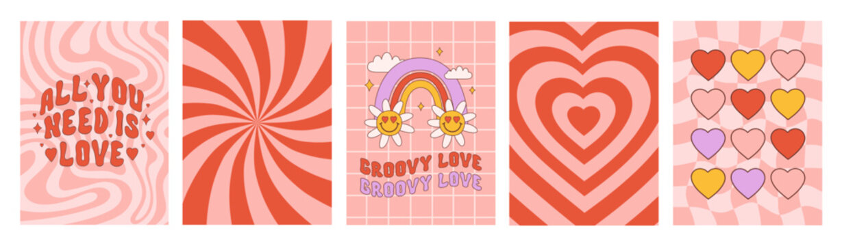Romantic retro groovy set backgrounds in style 60s, 70s.  Trendy vector illustration. Red and pink colors