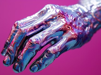 a silver hand with shiny plastic and a background, psychedelic influences