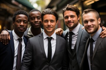 Diverse group of business professionals posing with smiles, showcasing ethnicity diversity in a cheerful and united work environment