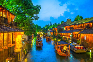 scenery of wuzhen, a historic scenic water town in zhejiang, china - obrazy, fototapety, plakaty