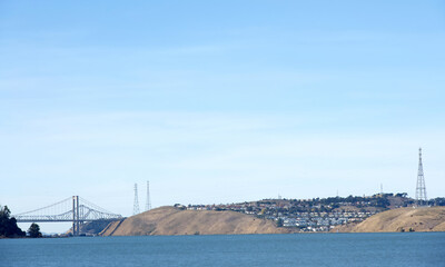 Landscape view of coastal Vallejo, California overlooking the Carquinez straight with the Carquinez bridge connecting to Crocket and the 80 freeway.