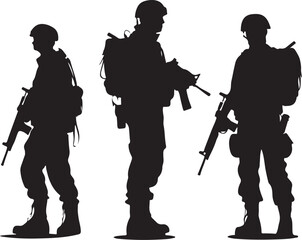Silhouettes of soldiers with guns and backpacks