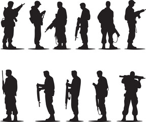 Silhouettes of soldiers with guns and backpacks