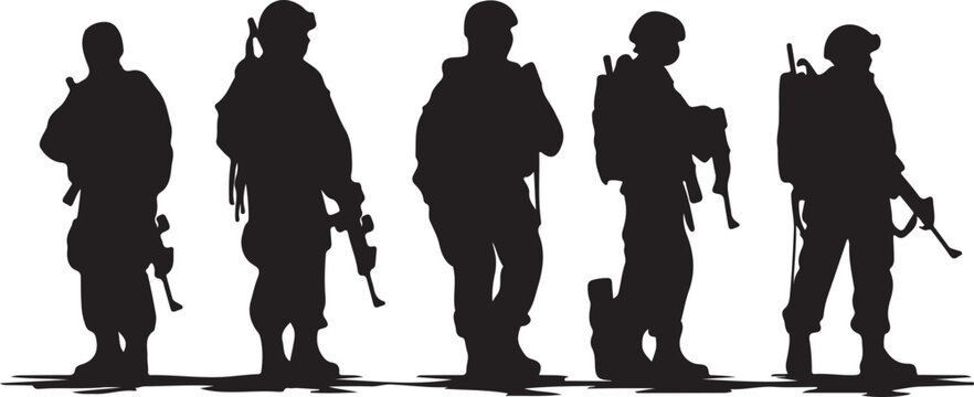 Silhouettes of soldiers with guns and backpacks