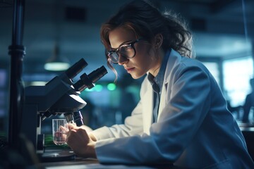 Important research. Serious experienced scientist working with her microscope and wearing a uniform and glasses.  - obrazy, fototapety, plakaty