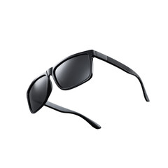 Sunglasses with black frames, with beautiful highlights, floating in the air. Isolated on a white...
