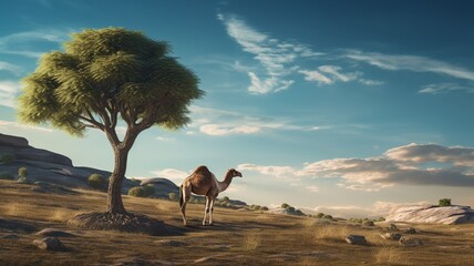 Camel animal hill next tree AI Generated pictures