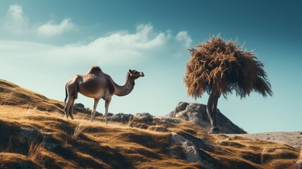 Camel animal hill next tree AI Generated pictures