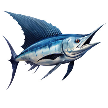 a Blue Marling fish, side view, in a PNG, Deep Sea fishing and Aquatic-themed, isolated, and transparent photorealistic illustration. Generative ai
