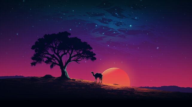 Camel Neon light animal hill next tree AI Generated pictures