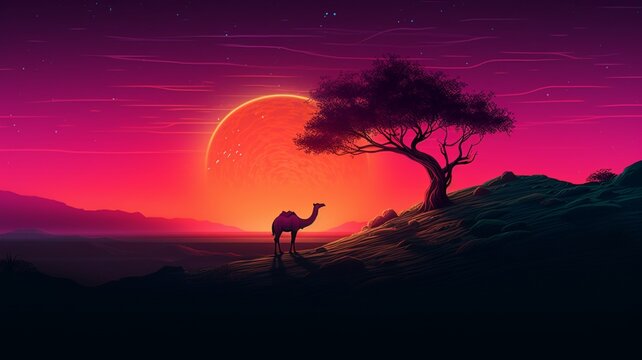Camel Neon light animal hill next tree AI Generated pictures