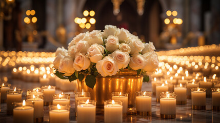 Basilica's golden altar adorned with roses and candles.
