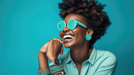Joyful woman with an afro hairstyle, laughing and wearing turquoise sunglasses against a vibrant...