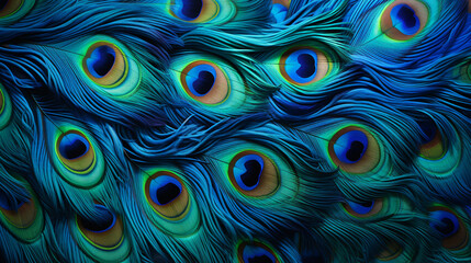 Obraz premium A mesmerizing avian tapestry unfolds, featuring an intricate, close-up view of a resplendent peacock feather. Its iridescent blues and greens create an opulent, natural pattern. A