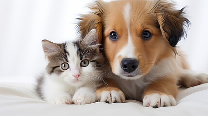 Innocence personified: a fluffy kitten and a playful puppy, side by side on a pristine white canvas. Their wide eyes mirror curiosity and camaraderie, creating an endearing tableau