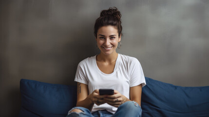 Smiling woman sits on the couch at home and stares into her smartphone