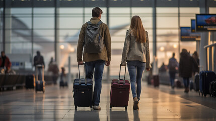 A traveling duo stands united in the airport, their luggage at their side, gazing towards the departure gate. Their backs tell a tale of shared adventures and boundless horizons. T - obrazy, fototapety, plakaty