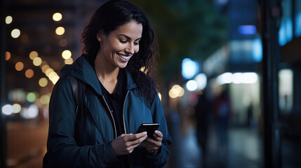 A woman uses a cell phone on a city street at night