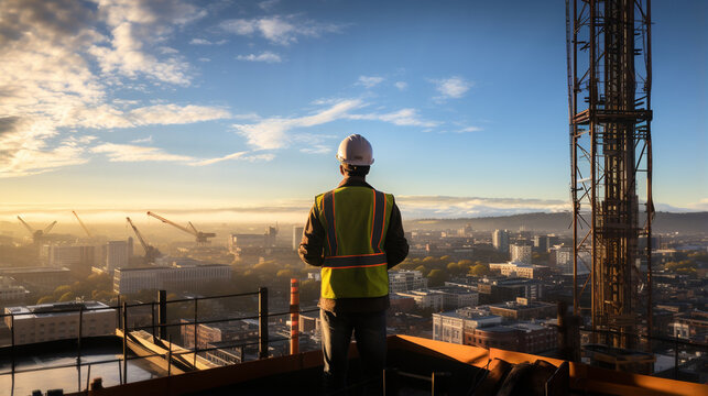 At the pinnacle of progress, a builder dons a hard hat, surveying the vista from atop the building. His gaze fixates on the crane, a sentinel of construction prowess. This scene ep