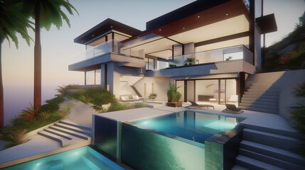 Fototapeta premium Sea Facing Modern Bungalow. Beach House. Modern House on Mountain with ocean view. Luxurious house on the beach mountain. Generative AI. 