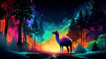 Camel Neon light animal walk through the forest AI Generated image