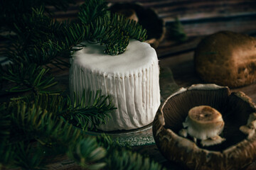 Saint-André french cheese - composition with spruce branch and Portobello mushrooms