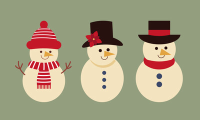 Set of christmas cute snowmans in scarf and hat flat style. Cute characters snowmans collection for holiday xmas and new year.