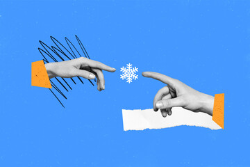 Creative abstract template collage of fingers point snowflake snowy weather blue white new year...
