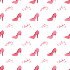 Seamless pattern with pink high heel shoes on white background. Vector illustration.