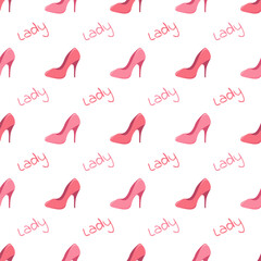 Seamless pattern with pink high heel shoes on white background. Vector illustration.