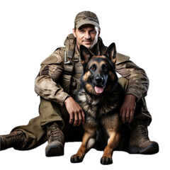 a military soldier/man with his K-9 dog in a front view, PNG  isolated and transparent leisure-themed, photorealistic illustration. Generative ai