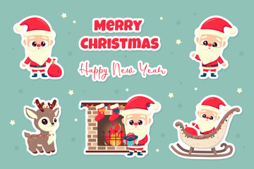 Christmas sticker pack with cute Santa Claus, deer, fireplace on mint background