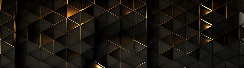  Luxury triangle abstract black metal background with golden light lines. Dark 3d geometric texture illustration. Bright grid pattern. Pure black horizontal banner wallpaper. Carbon elegant wedding - obrazy, fototapety, plakaty