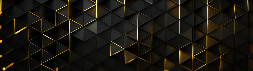  Luxury triangle abstract black metal background with golden light lines. Dark 3d geometric texture illustration. Bright grid pattern. Pure black horizontal banner wallpaper. Carbon elegant wedding