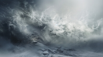 Dramatic clouds over a snowy mountain landscape.