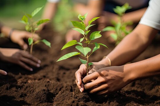 Image of hands planting tree seedlings on the ground