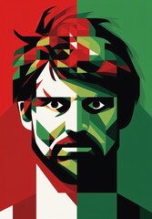 artistic polygonal man's face in red green white and black 