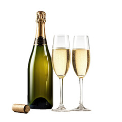 a Champagne bottle with two glasses of champagen, in a front view, isolated and transparent PNG in a Celebration-themed, photorealistic illustration. Generative ai