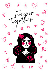 Love background with girl and hearts. Greeting card. Valentine's day concept poster in flat doodle style.