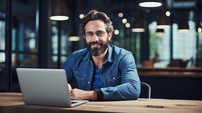 A man in a casual outfit works on a laptop in his office