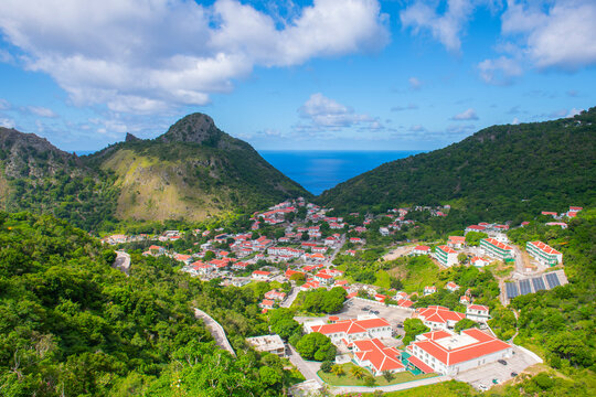 The bottom historic town center aerial view in Saba, Caribbean Netherlands. 