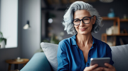 Senior woman sits on the couch at home and smiles holding her smartphone in his hands - obrazy, fototapety, plakaty