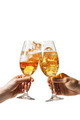 hands toasting a celebration drink Champagne/beer in a side view, isolated and transparent PNG in a celebration-themed, photorealistic illustration. Generative ai